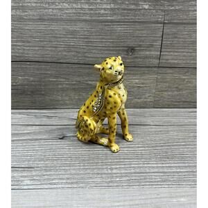 Enamel Cheetah Gold Tone Rhinestones Trinket Box Pill Box Magnetic Closure